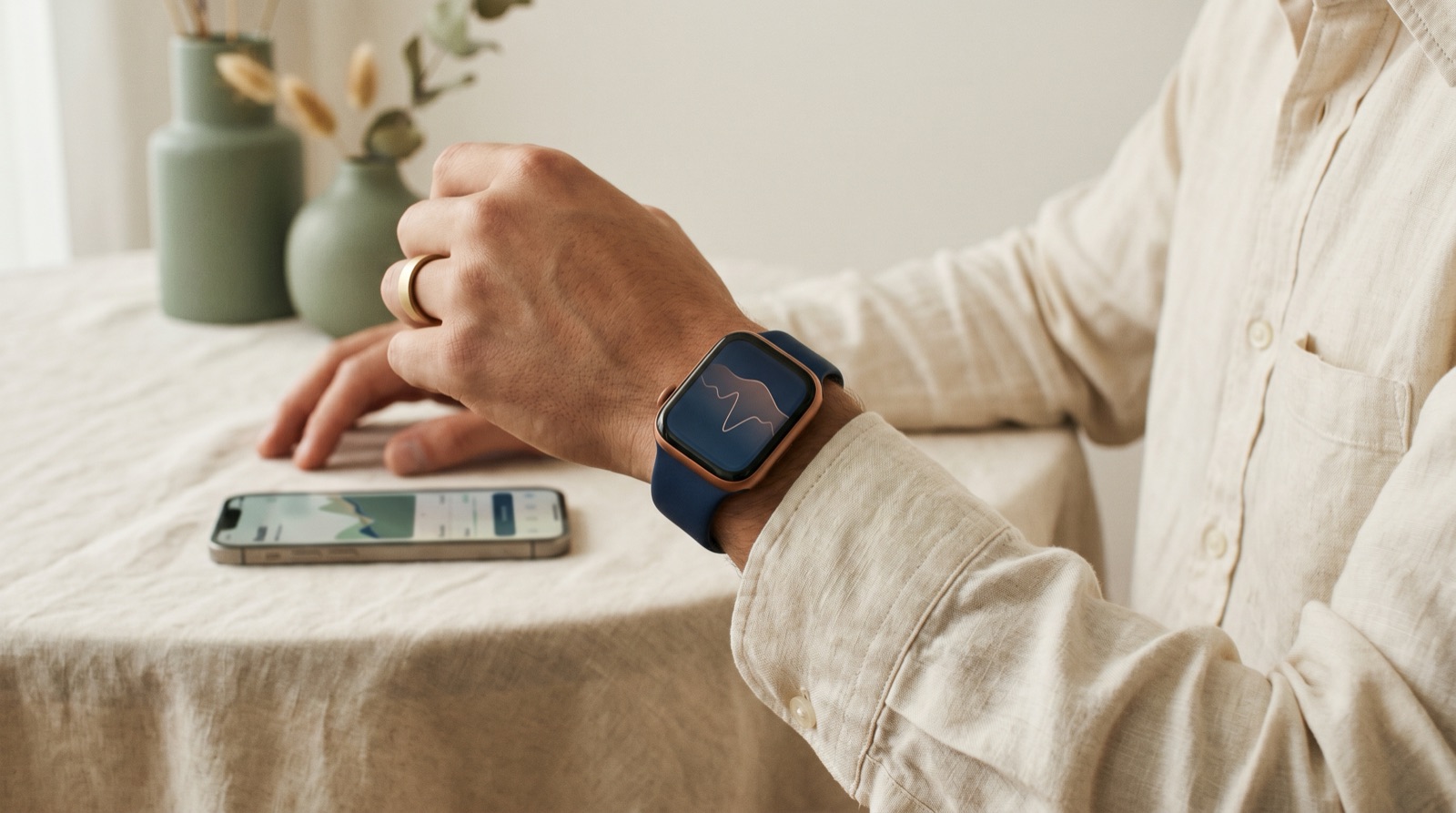 Apple Watch and Oura ring on a marble surface